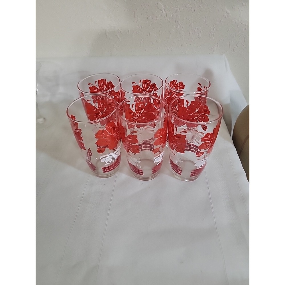 Set of 6 Vintage Mid Century Floral Decorated Drinking Glasses Red and white‎